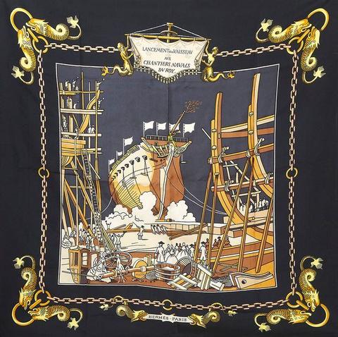 A variation of the Hermès scarf `Lancement d'un vaisseau aux chantiers navals du roy ` first edited in 1964 by `Pierre Péron`