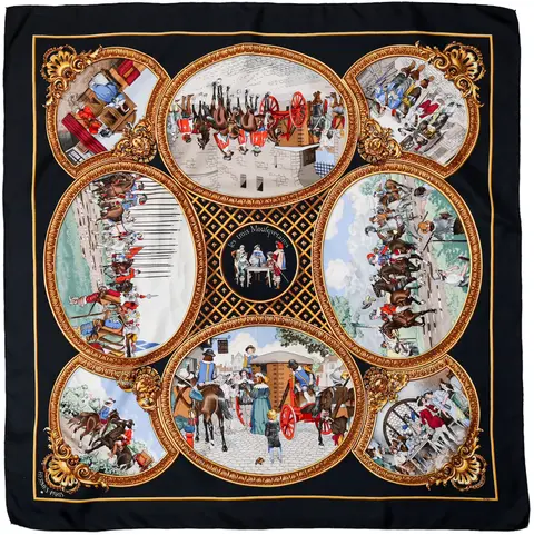 A variation of the Hermès scarf `Les trois mousquetaires` first edited in 1981 by `Vladimir Rybaltchenko`