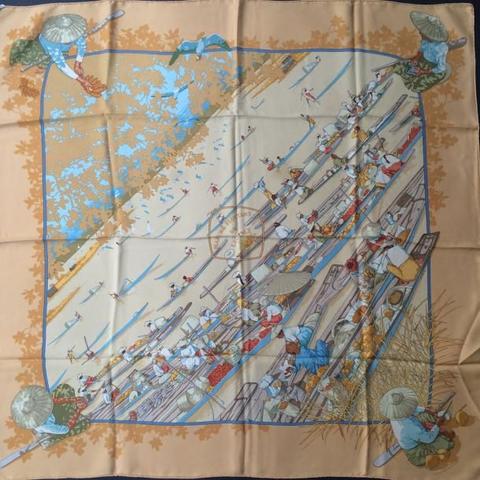 A variation of the Hermès scarf `Marché flottant du lac inlé` first edited in 1998 by `Dimitri Rybaltchenko`