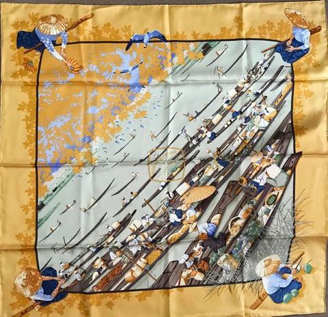 A variation of the Hermès scarf `Marché flottant du lac inlé` first edited in 1998 by `Dimitri Rybaltchenko`