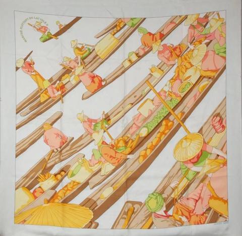 A variation of the Hermès scarf `Marché flottant du lac inlé II (détail)` first edited in 2002 by `Dimitri Rybaltchenko`