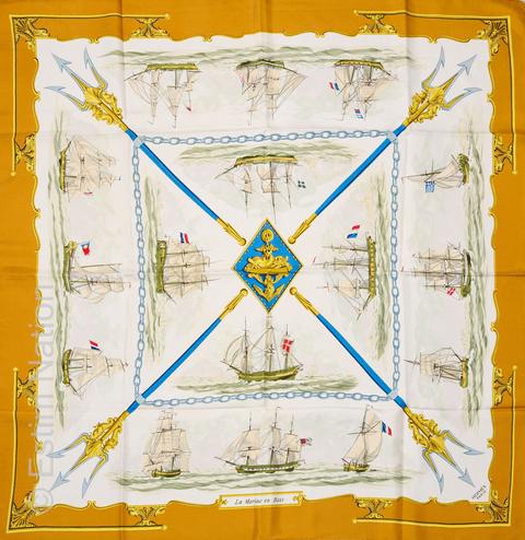 A variation of the Hermès scarf `La marine en bois ` first edited in 1958 by `Hugo Grygkar`