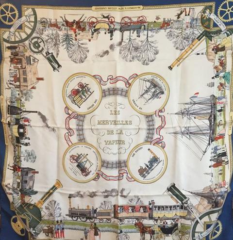 A variation of the Hermès scarf `Les merveilles de la vapeur` first edited in 1959 by `Philippe Ledoux`