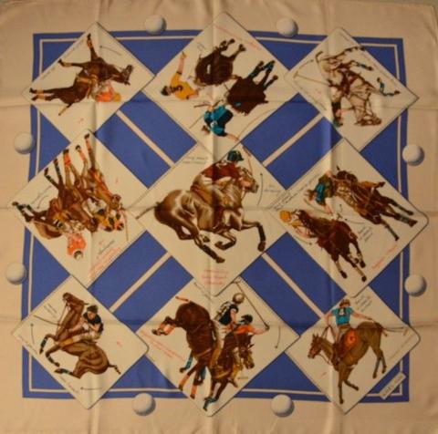 A variation of the Hermès scarf `Le monde du polo` first edited in 1985 by `Chantal de Crissey`