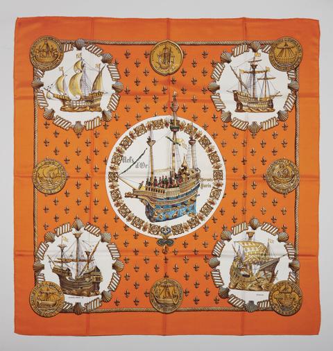 A variation of the Hermès scarf `Nefs d'or ` first edited in 1971 by `Philippe Ledoux`