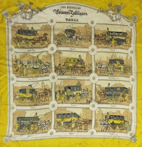 A variation of the Hermès scarf `Les nouvelles voitures publiques ` first edited in 1952 by `Hugo Grygkar`