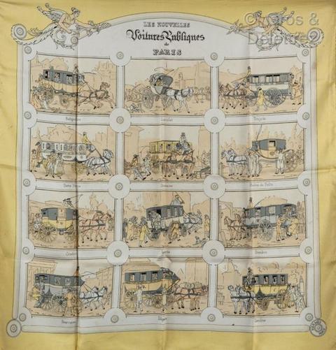 A variation of the Hermès scarf `Les nouvelles voitures publiques ` first edited in 1952 by `Hugo Grygkar`