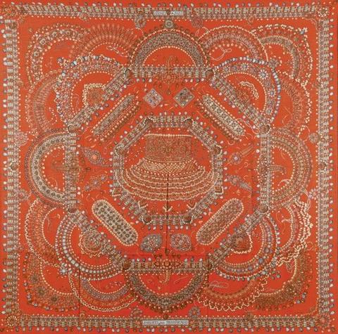 A variation of the Hermès scarf `Parures des maharajas` first edited in 2012 by `Catherine Baschet`