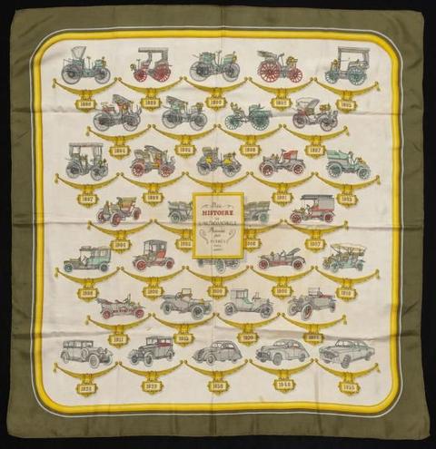 A variation of the Hermès scarf `Petite histoire de l'automobile ` first edited in 1955 by `Hugo Grygkar`