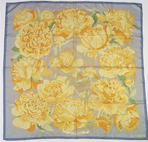 Hermès Les Pivoines scarf in yellow by Christiane Vauzelles, 1977