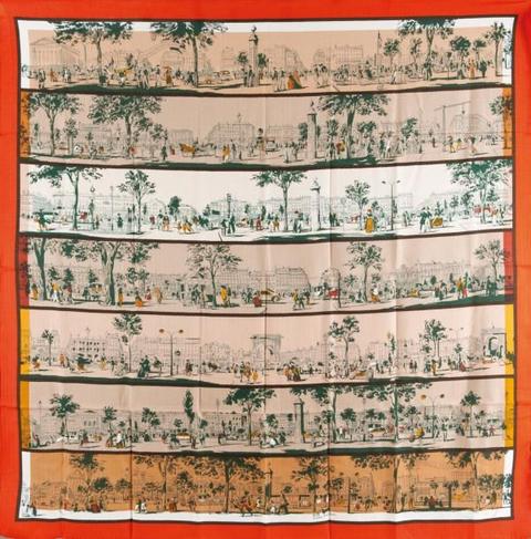 A variation of the Hermès scarf `À l'ombre des boulevards` first edited in 2015 by `Virginie Jamin`