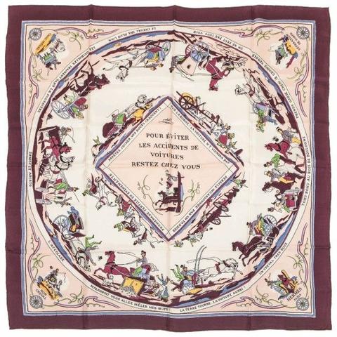 A variation of the Hermès scarf `Pour éviter les accidents de voitures restez chez vous ` first edited in 1946 by `Hugo Grygkar`
