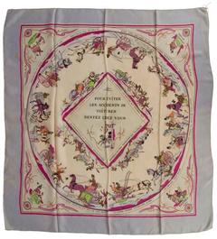 A variation of the Hermès scarf `Pour éviter les accidents de voitures restez chez vous ` first edited in 1946 by `Hugo Grygkar`