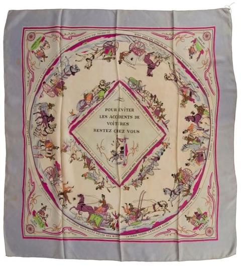 A variation of the Hermès scarf `Pour éviter les accidents de voitures restez chez vous ` first edited in 1946 by `Hugo Grygkar`