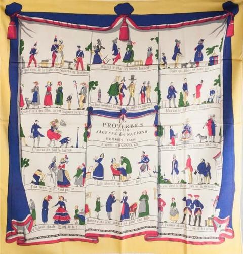 A variation of the Hermès scarf `Les proverbes sont la sagesse des nations ` first edited in 1947 by `Hugo Grygkar`