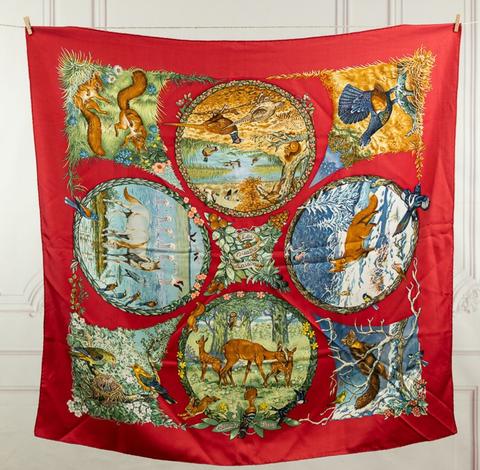 Hermès Les Quatre Saisons scarf in red by Robert Dallet, 1994