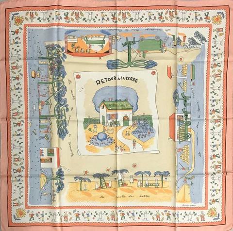 A variation of the Hermès scarf `Retour à la terre ` first edited in 1942 by `Oliver Dumas`