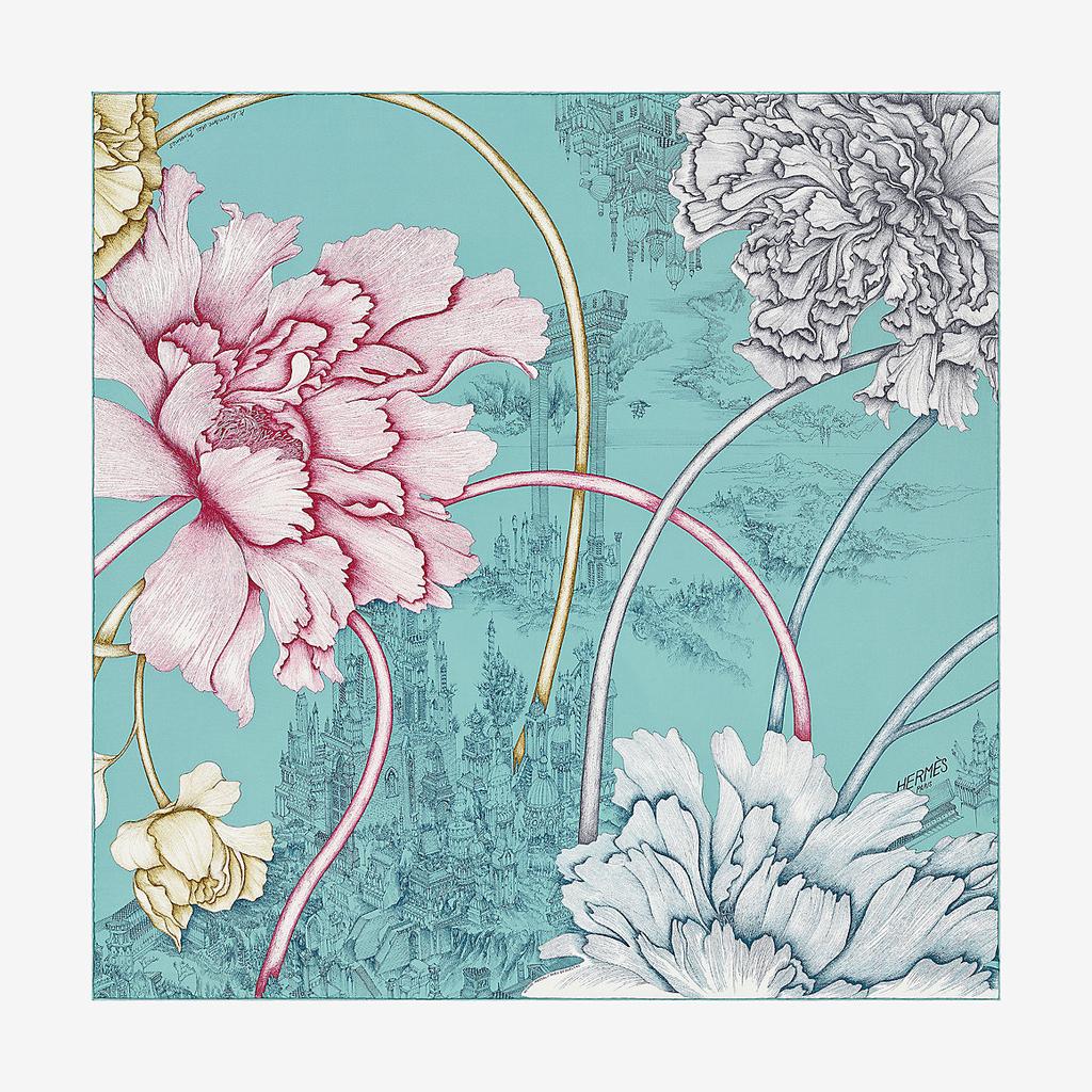 エルメス HERMES スカーフ A L'Ombre des Pivoines ピヴォワンヌの影 カレ90 ピンク Hermès À L'Ombre des Pivoines 90