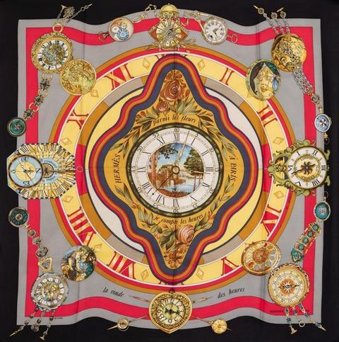 A variation of the Hermès scarf `La ronde des heures ` first edited in 1986 by `Loïc Dubigeon`