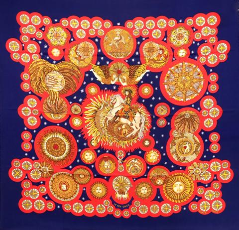 A variation of the Hermès scarf `Le roy soleil ` first edited in 1994 by `Annie Faivre`