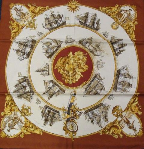 A variation of the Hermès scarf `Silhouettes navales ` first edited in 1971 by `Philippe Ledoux`
