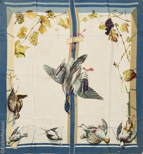 Hermès À la Fenêtre du Chasseur scarf in blue by Henri de Linarès, 1959