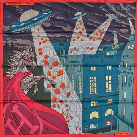 A variation of the Hermès scarf `Space shopping au faubourg` first edited in 2017 by `Dimitri Rybaltchenko`