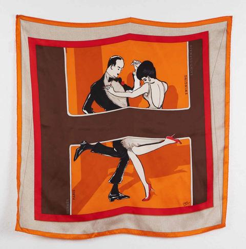 A variation of the Hermès scarf `Swinging saint-germain` first edited in 2007 by `Anamorphèe`, `Jean-Louis Clerc`