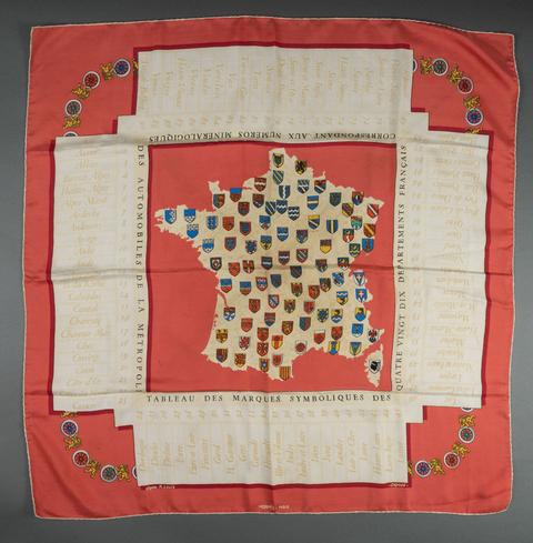 Hermès Tableau des Marques scarf in red by Hugo Grygkar, 1952