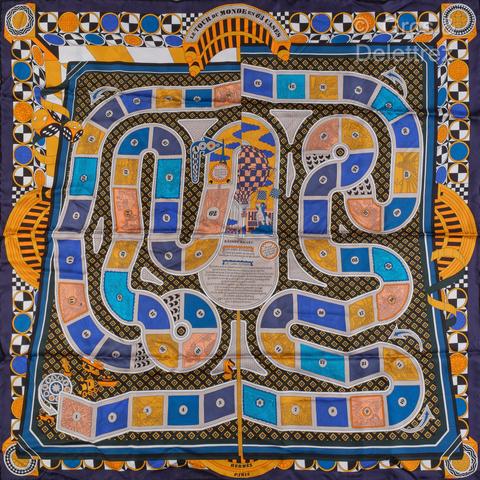 A variation of the Hermès scarf `Le tour du monde en 63 cases ` first edited in 2018 by `Pierre Marie`