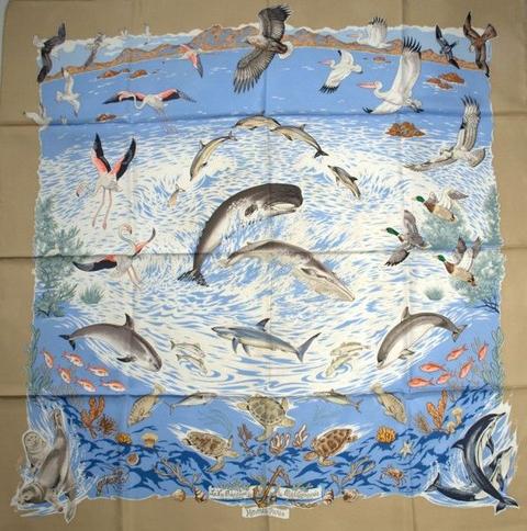 A variation of the Hermès scarf `La vie précieuse de la mediterranée` first edited in 1992 by `Robert Dallet`