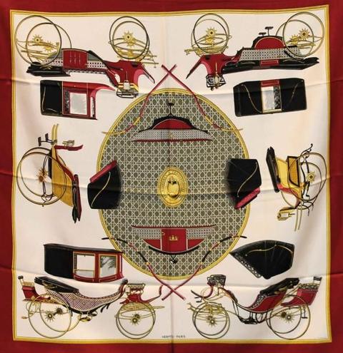 A variation of the Hermès scarf `Les voitures à transformation (I)` first edited in 1965 by `Françoise De La Perriere`