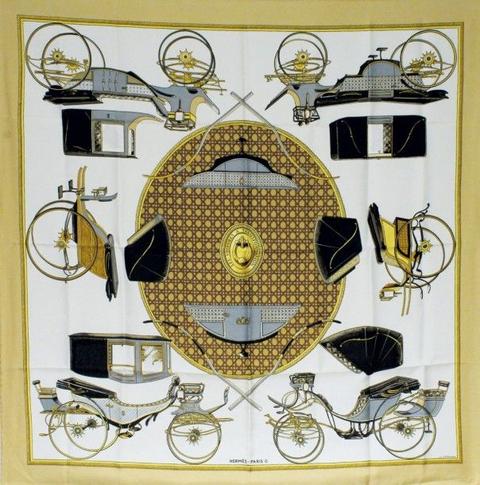A variation of the Hermès scarf `Les voitures à transformation (I)` first edited in 1965 by `Françoise De La Perriere`