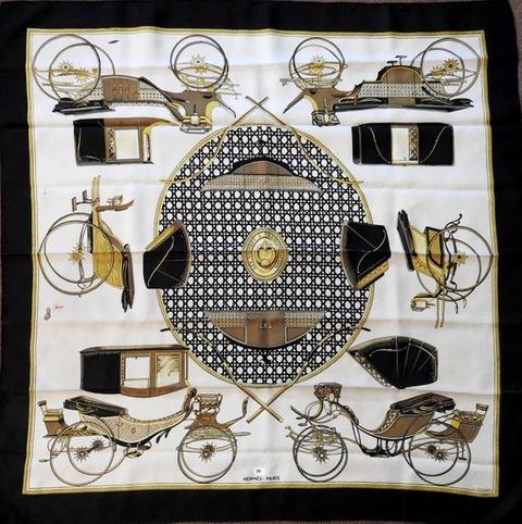 A variation of the Hermès scarf `Les voitures à transformation (I)` first edited in 1965 by `Françoise De La Perriere`