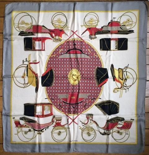 A variation of the Hermès scarf `Les voitures à transformation (I)` first edited in 1965 by `Françoise De La Perriere`