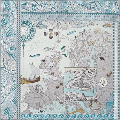 A variation of the Hermès scarf `Le voyage de pythéas` first edited in 2013 by `Aline Honoré`