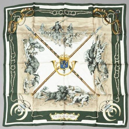 A variation of the Hermès scarf `Vautrait du roy ` first edited in 1966 by `Charles-Jean Hallo`