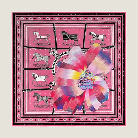 A variation of the Hermès scarf `Couvertures et tenues de jour fleuri` first edited in 2020 by `Jacques Eudel`