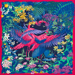 A variation of the Hermès scarf `Flamingo Party` first edited in 2016 by `Laurence Bourthoumieux`