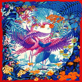 A variation of the Hermès scarf `Flamingo Party` first edited in 2016 by `Laurence Bourthoumieux`