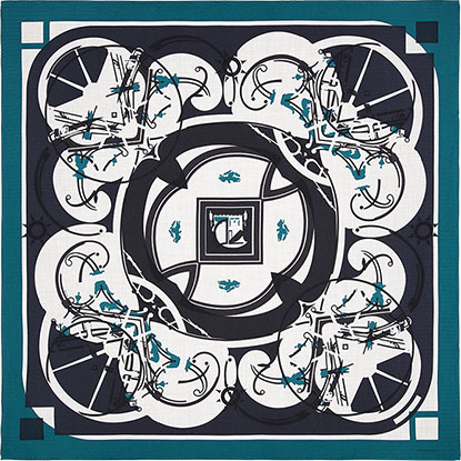A variation of the Hermès scarf `Imprimeur Fou Washington's Carriage` first edited in 2017 by `Imprimeur Fou`