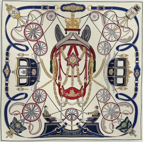 A variation of the Hermès scarf `Stately Wheels` first edited in  by `Stuart Patience`