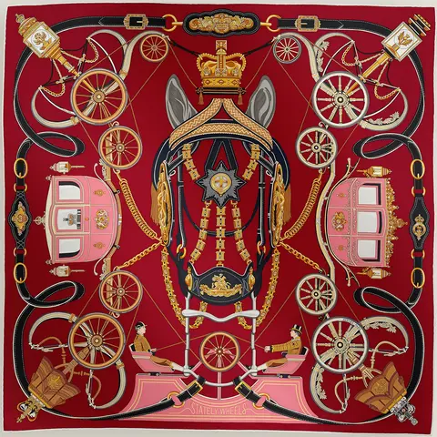 A variation of the Hermès scarf `Stately Wheels` first edited in  by `Stuart Patience`