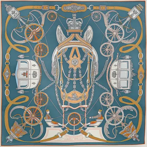 A variation of the Hermès scarf `Stately Wheels` first edited in  by `Stuart Patience`
