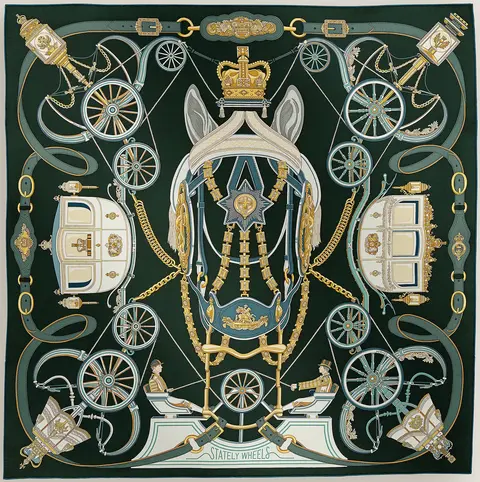 A variation of the Hermès scarf `Stately Wheels` first edited in  by `Stuart Patience`