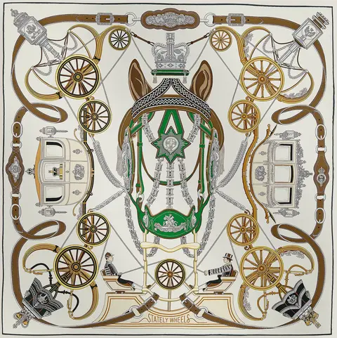 A variation of the Hermès scarf `Stately Wheels` first edited in  by `Stuart Patience`