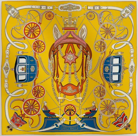 A variation of the Hermès scarf `Stately Wheels` first edited in  by `Stuart Patience`