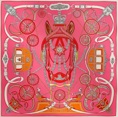 A variation of the Hermès scarf `Stately Wheels` first edited in  by `Stuart Patience`