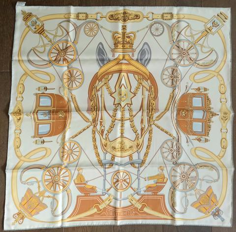 A variation of the Hermès scarf `Stately Wheels Royal Collection` first edited in 2024 by `Stuart Patience`