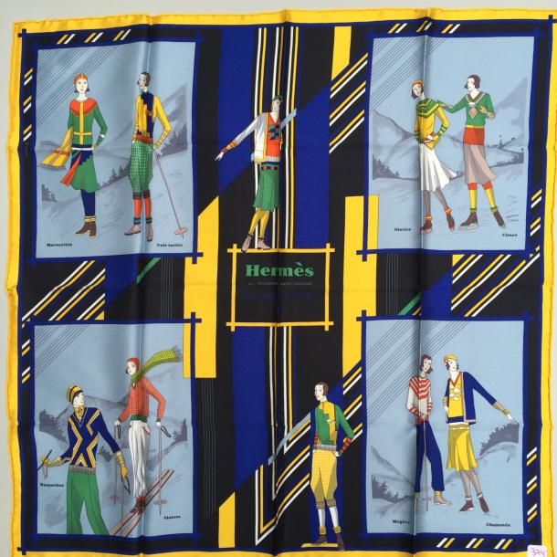 Hermès Aux Sports d'Hiver シルクスカーフ 保存袋付 Aux sports d'hiver yellow, black - Hermès Scarf Details | Scarf Sage